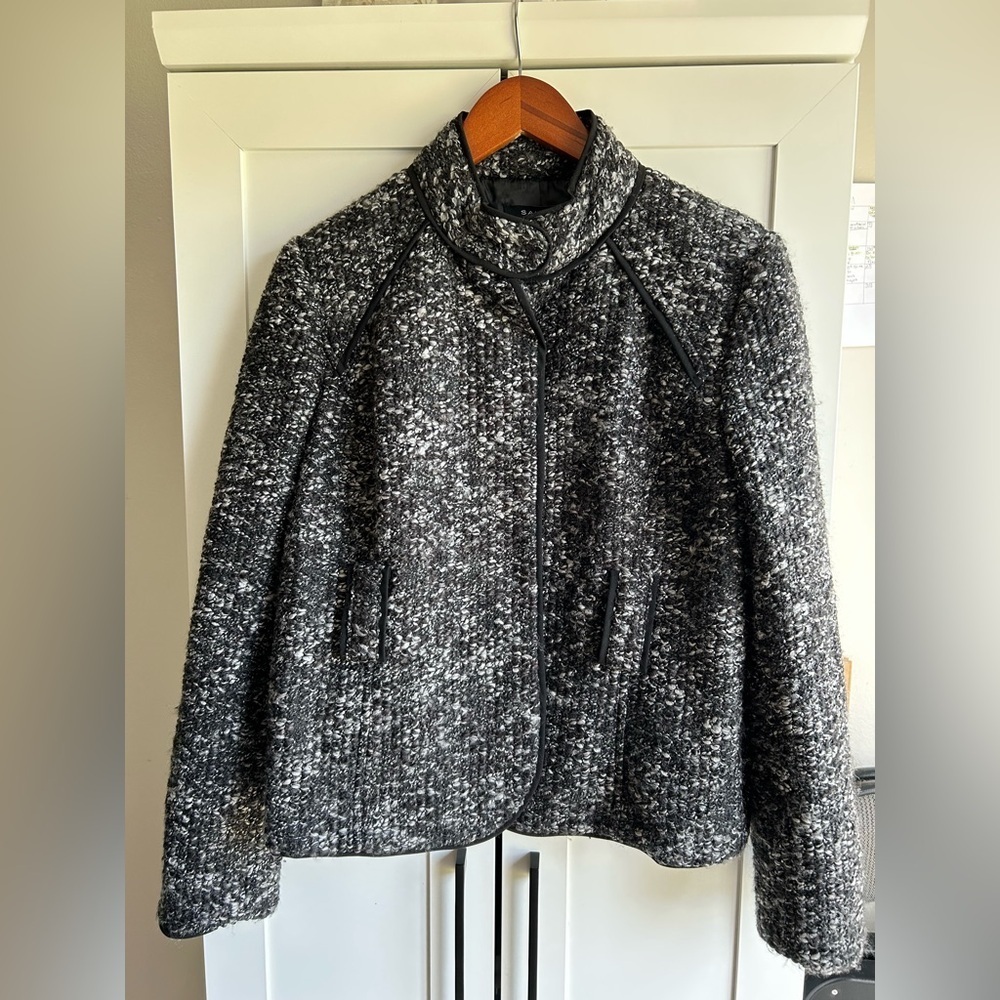 Sandro Paris Petite Bouclé Jacket Black White Trimmed Coat - Picture 2 of 9